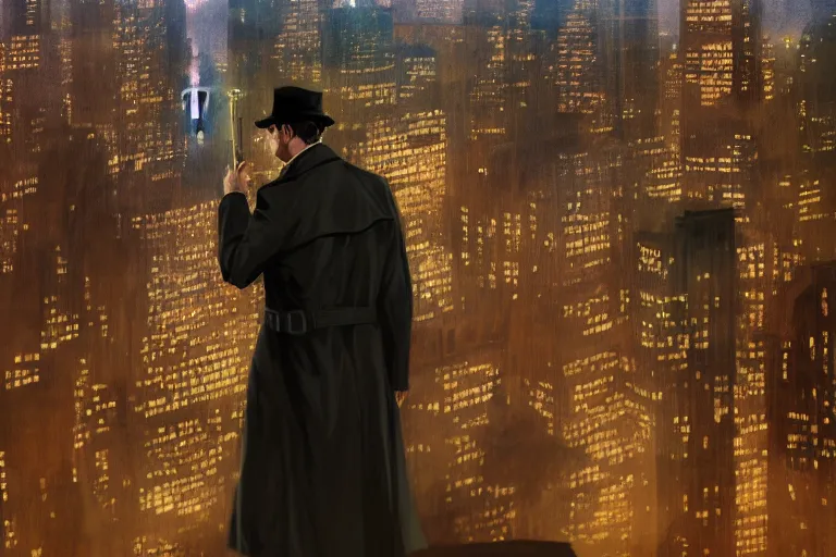 Prompt: portrait detective wearing a trench coat in profile smoking a sherlock holmes pipe on a perch facing the city at night, smooth, focus, highly detailed, hyper realistic, dramatic lighting, intricate, concept art, new york skyline, looking down, art by wlop, greg rutowski, artstation