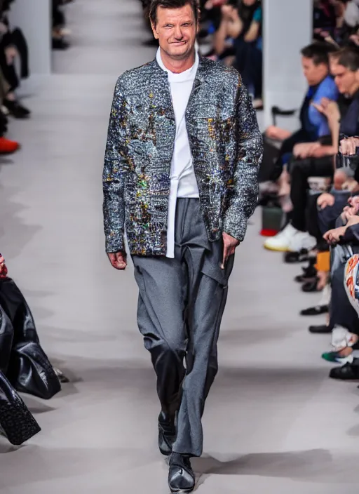 Image similar to hyperrealistic and heavy detailed balenciaga runway show of nathan fillion, leica sl 2 5 0 mm, vivid color, high quality, high textured, real life