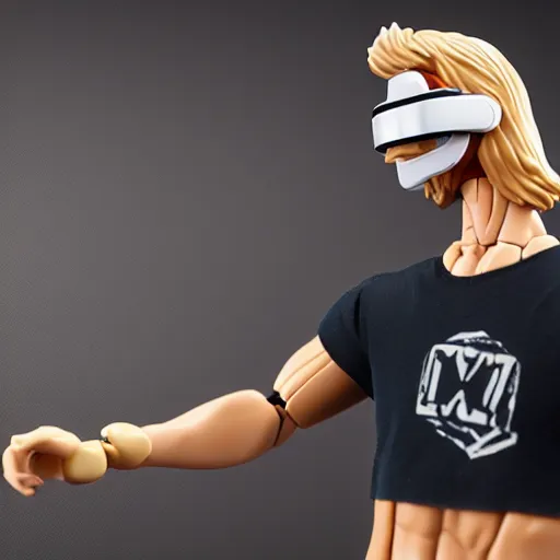 Image similar to action figure of a skinny blonde male wrestler wearing a vr headset and wearing a t - shirt and jeans, high detail, realistic,