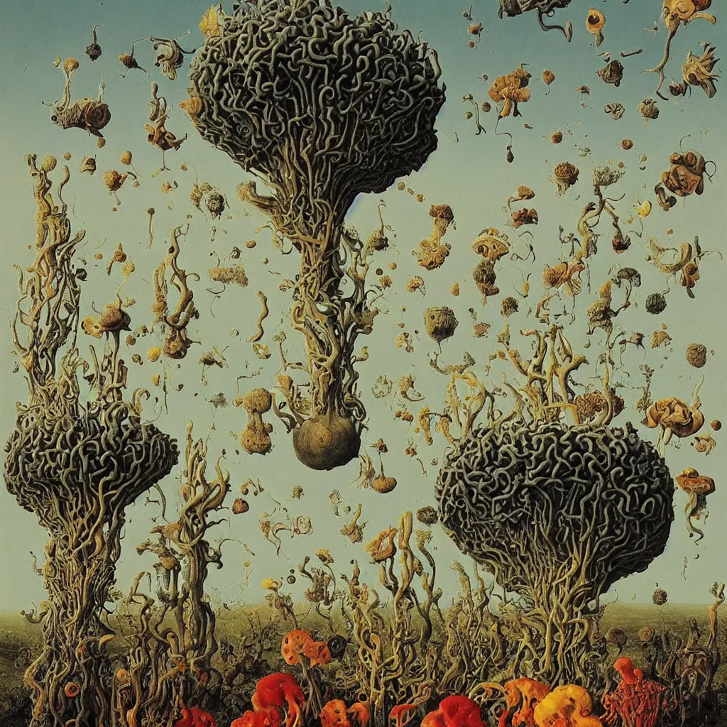 Image similar to a single colorful! ( lovecraftian ) fungus tower white! clear empty sky, a high contrast!! ultradetailed photorealistic painting by jan van eyck, audubon, rene magritte, agnes pelton, max ernst, walton ford, andreas achenbach, ernst haeckel, hard lighting, masterpiece