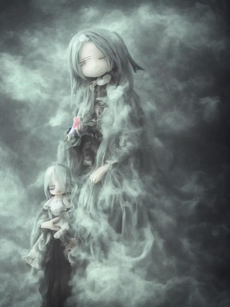 Image similar to cute fumo plush of a cursed frail witch girl held tight in the arms of a ghost mother, hugging, melting volumetric smoke and fog, environment map pbr reflective stormy water, gothic maiden, bokeh, vignette, vray