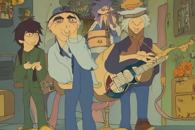 Prompt: rats playing in a rock band dressed as the beatles, beautiful, dreamlike, wholesome, ghibli and disney animation, sharp, intricated, art by ken anderson and mel shaw, bloom, dramatic lighting, brown palette,