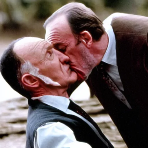 Image similar to jonathan banks kissing bryan cranston, movie still