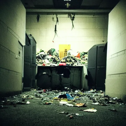 Prompt: “A knight in armor kneeling and praying. The knight is in the center abandoned small server room with server racks and server cables hanging everywhere. The ground of the room is littered and covered with garbage and debris. The walls are filthy. It is dark and there are no lights. Amateur photo. Flash photo.”