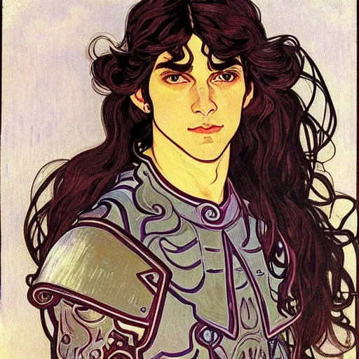 Image similar to portrait painting of young handsome beautiful paladin elf!! man with long! wavy dark hair in his 2 0 s named taehyung adam at the blueberry party, wearing armor!, long hair, elf ears, blue eyes, blueeyes!, elegant, delicate, soft facial features, art, art by alphonse mucha, vincent van gogh, egon schiele,