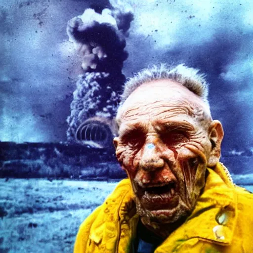 Image similar to selfie of the last surviving ukrainian, burning alive to the bone, wild pain and damage to the body, painted in dirty yellow - blue colors, against the backdrop of a huge nuclear explosion