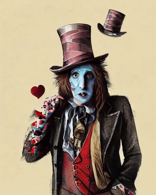 Image similar to tom petty as the mad hatter, contrast, kim jung gi, greg rutkowski, zabrocki, karlkka, jayison devadas, trending on artstation, 8 k, ultra wide angle, zenith view, pincushion lens effect