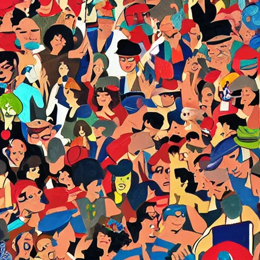 Prompt: Where's Waldo, in the style of a Dana Schutz painting