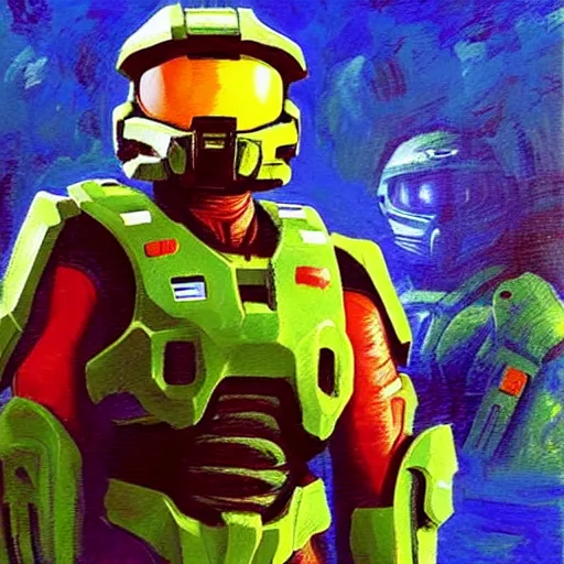 Prompt: “a vibrant impressionist painting of Master Chief from Halo holding a paint palette and paint brush, in front of a class of cute attentively listening alien monsters, in the style of monet , Trending on artstation”