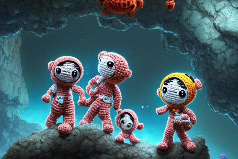 Image similar to an expedition of crochet cute astronauts discovering a new cave underground. cute, illustration, digital art, inspired by little big planet, by greg rutkowski, detailed, sharp, masterpiece, highly detailed, photorealistic, octane render, 8 k, unreal engine 5, trending on artstation, vivid colors