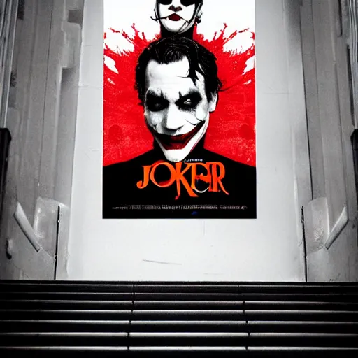 Image similar to joker movie poster, with lady gaga as harley quinn and joaquin phoenix as joker, at joker stairs