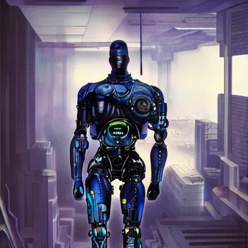 Prompt: Cinematic Imax depiction of an advanced, top of the line cyborg in the style of Jim Burns, blue color palette with brightened hues 3840 x 2160