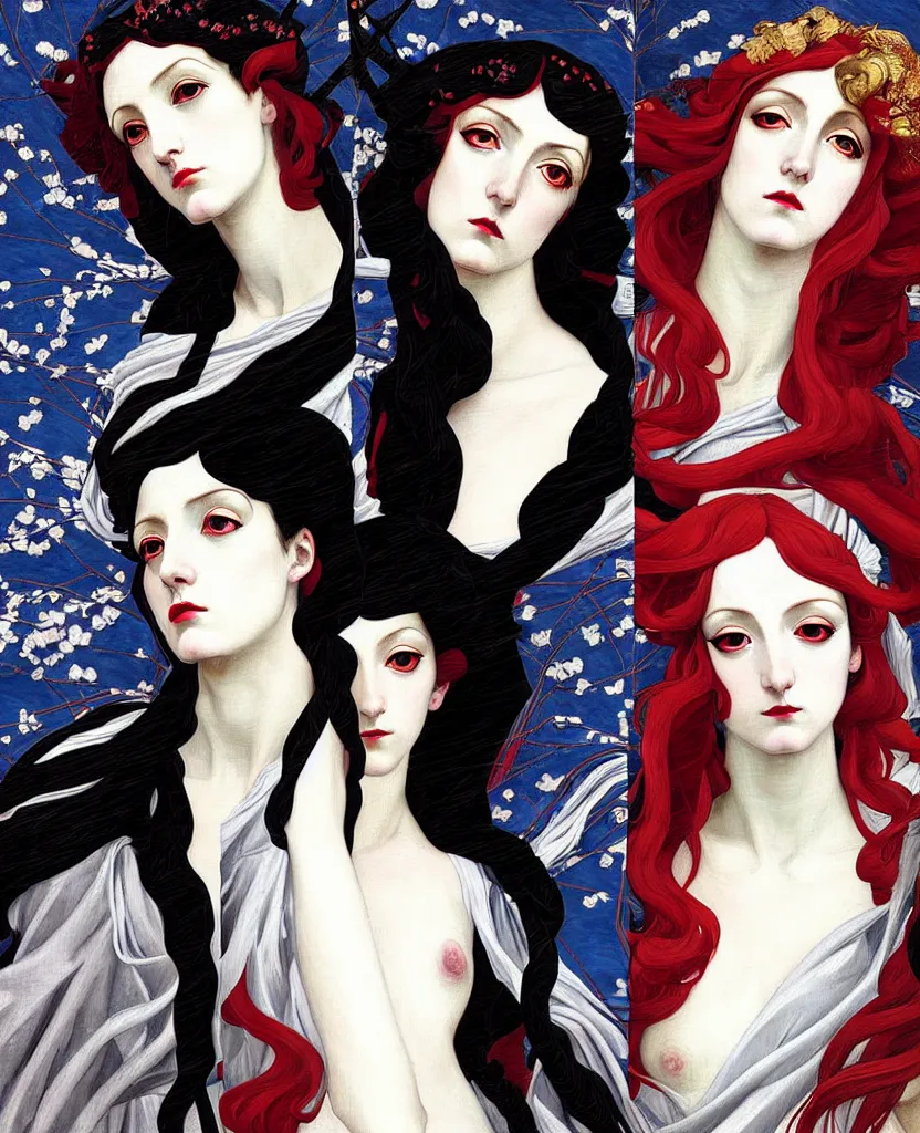 Image similar to Three (3) Winter Deities, (1 as December, 1 as January, and 1 as February), in a mixed style of Æon Flux, Shepard Fairey, Botticelli, and John Singer Sargent, inspired by pre-raphaelite paintings, shoujo manga, and cool Japanese street fashion, sparse Winter landscape, dark and moody colors, hyper detailed, super fine inking lines, dramatic color, 4K extremely photorealistic, Arnold render