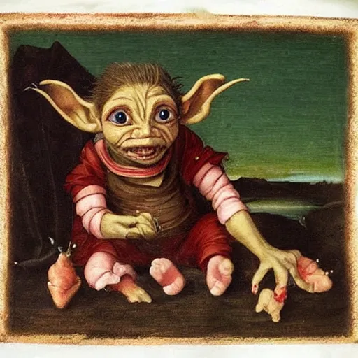 Image similar to little goblin puppet on stage, renaissance painting