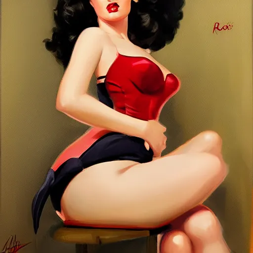 Image similar to a painting in the style of gil elvgren and in the style of ross tran.