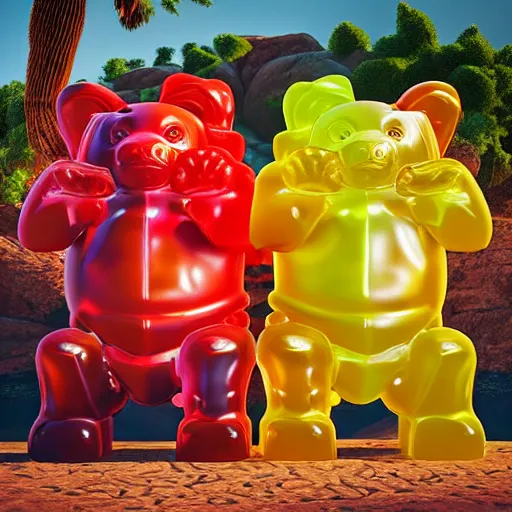 Image similar to promotional movie still life - size gummi bears, big, melting in the arizona sun in the largest frying pan in the world. 3 d, digital art, octane 3 d render, ue 5, cinematic, imax 7 0 mm, product lighting, dramatic lighting. concept art.