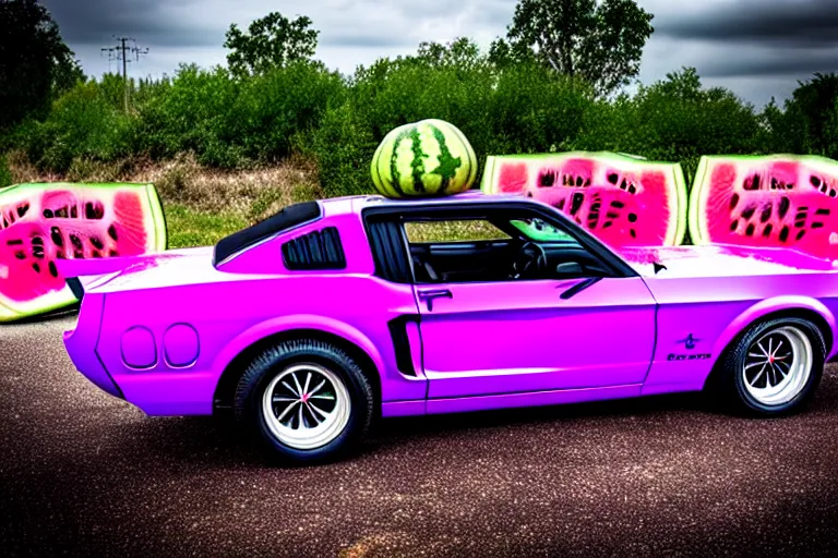 Image similar to purple mustang covered in liquid watermelons