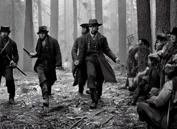Prompt: an action scene from the movie gangs of new york, filmed in a dark forest, medium long shot, leonardo dicaprio and daniel day - lewis, sharp eyes, serious expressions, detailed and symmetric faces, black and white, cinematic, epic,