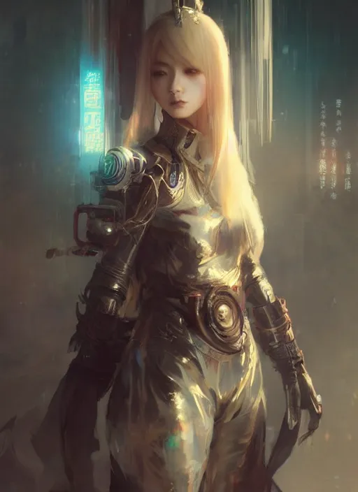 Image similar to a beautiful light haired asian princess, intricate concept art, cyberpunk darksynth, ethereal, ominous, dramatic lighting, ruan jia and krenz cushart and zeronis and wlop