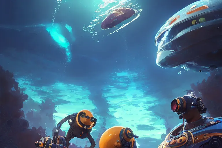 Image similar to afro - futurist scuba divers swimming away from a gigantic alien mola mola, smooth and sharp digital painting by greg rutkowski, makoto shinkai, ilya kuvshinov, lois van baarle, rossdraws, james c. christensen | afrofuturism in the style of hearthstone and overwatch, trending on artstation