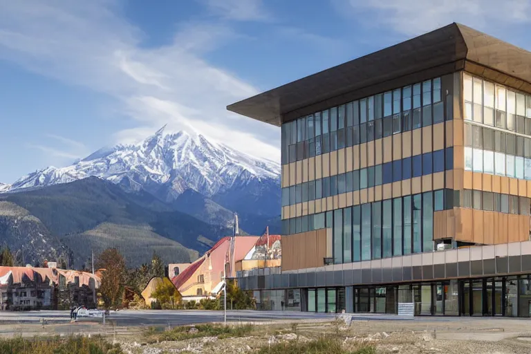 Prompt: architecture photo modern fachwerk school with Elbrus mountain on the background, architecture, photorealism 8k , shining and happy atmosphere, uplight, high details