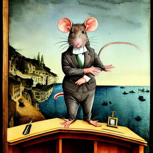 Prompt: a rat is dressed in a suit and stands on the edge of a desk, medium shot, hyper detailed, hyper realistic, by Botticelli, watercolor