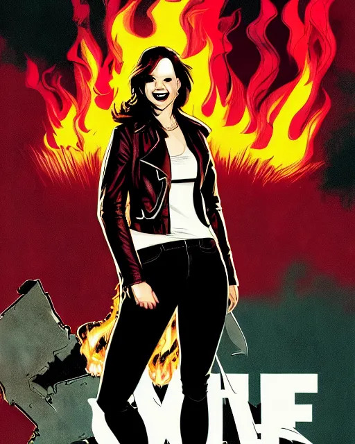 Image similar to Rafael Albuquerque comic cover art, Jennifer Lawrence with sharp vampire teeth, sarcastic smile, brown leather jacket, jeans, extra long hair, full body, building on fire, cool colors, detailed, 4k