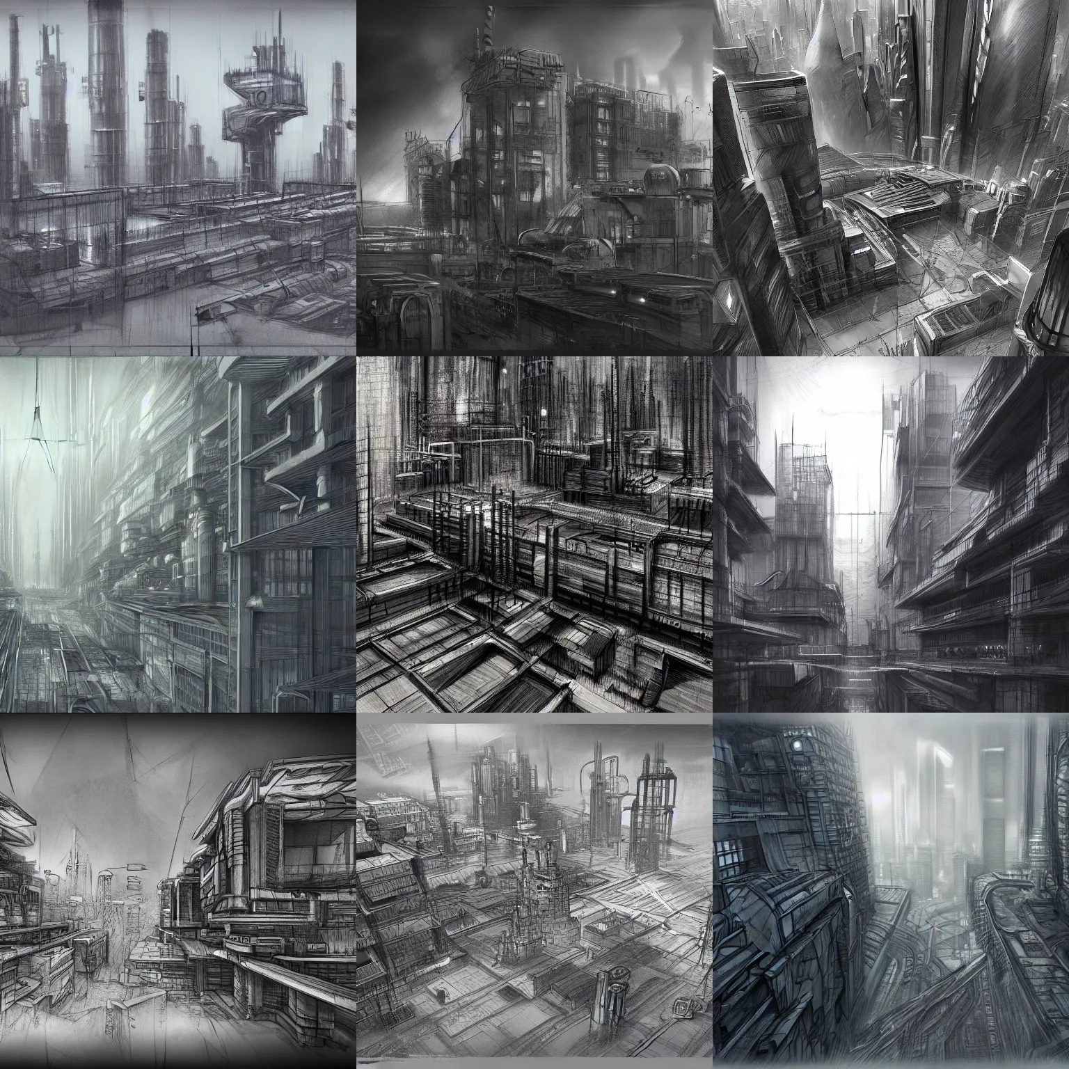 Prompt: daily deviation industrial sketch of scifi city, trending on artstation, charcoal, cgsociety, masterpiece architectural sketch