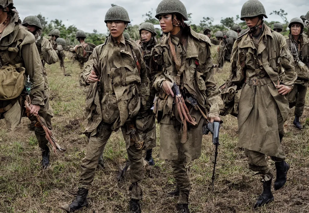 Prompt: fashion editorial in Vietnam war battlefield. wide angle shot. highly detailed.