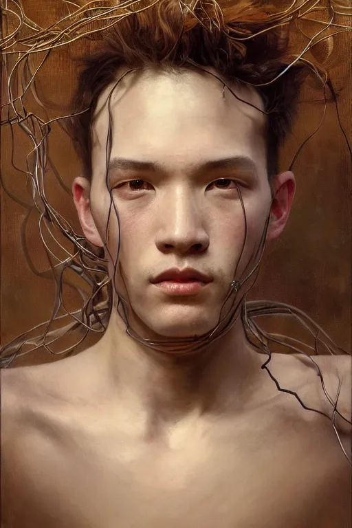 Image similar to hyperrealist portrait of elijah zu bailey, it is decorated with long wires that fall like vines and wears small computers over their body. by jeremy mann and alphonse mucha, fantasy art, photo realistic, dynamic lighting, artstation, poster, volumetric lighting, very detailed faces, 4 k, award winning