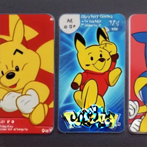 Image similar to photograph of winnie the pooh and super mario and sonic the hedgehog anime style, on pokemon card packs at target