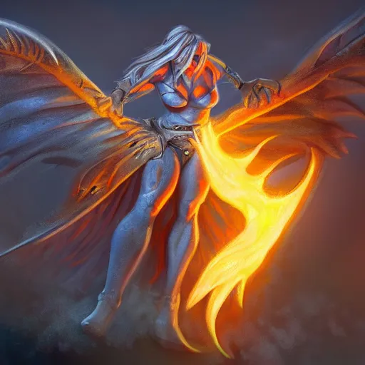 Image similar to disney's gargoyles!!!! female!! winged warrior! flaming sword ( devilish smile ) ( ( plate armor ) ) ( ( ( shield ) ) ), fantasy painting, concept art, 4 k