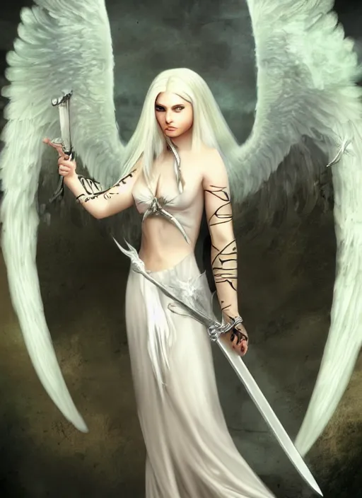 Prompt: a woman angel with white hair and wings holding a sword, a digital rendering by Anne Stokes, deviantart, fantasy art, deviantart hd, deviantart, angelic photograph