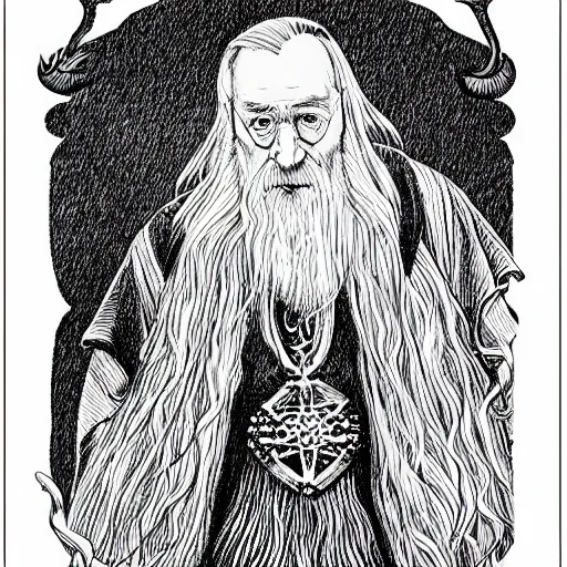 Image similar to Dumbledore coloring book page, black and white