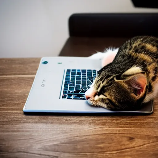 Prompt: A cat on a laptop, EOS-1D, f/1.4, ISO 200, 1/160s, 8K, RAW, unedited, symmetrical balance, in-frame