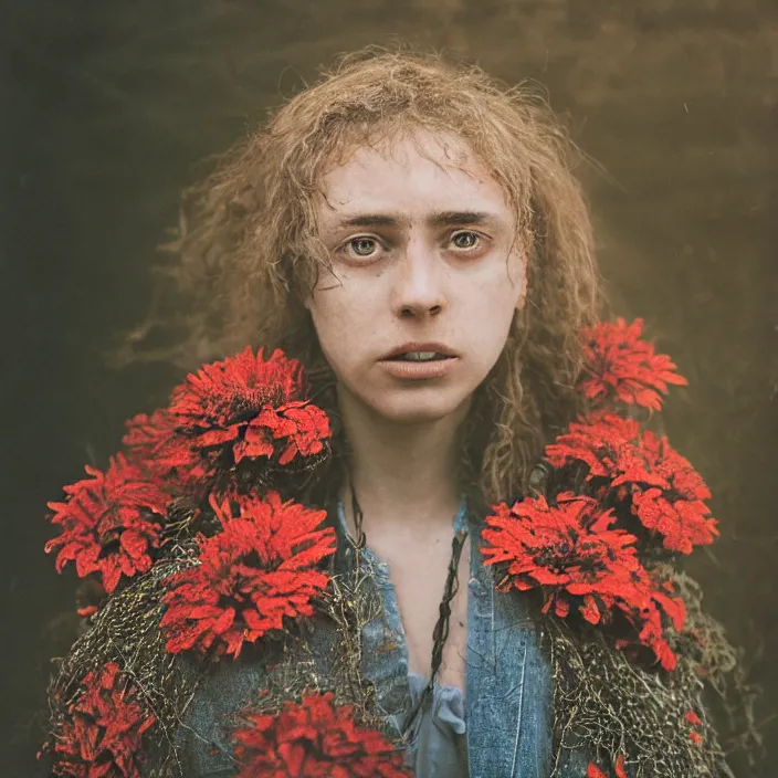 Image similar to a closeup portrait of a woman wearing a hooded cloak made of zinnias and barbed wire, in a derelict house, by Petra Collins, natural light, detailed face, CANON Eos C300, ƒ1.8, 35mm, 8K, medium-format print