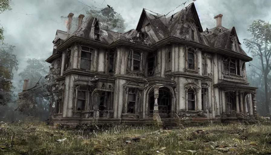 Prompt: abandoned victorian manor, lot of cobwebs, dusty ground, creepy painting, fps view, video game, riflegun, hyperdetailed, artstation, cgsociety, 8 k
