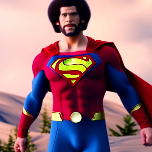 Image similar to movie scene of bob ross as superman,avengers,cinematic,hyperdetailed,photorealistoc,cinematic,professional lighting,professional compositong,8k,detailed face,muscular