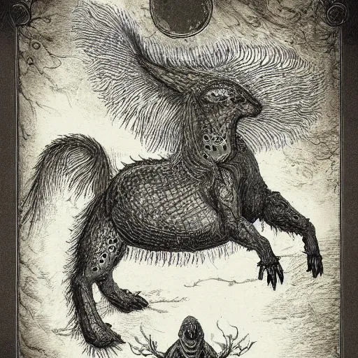 Image similar to bestiary of creatures from the depths of the unconscious psyche