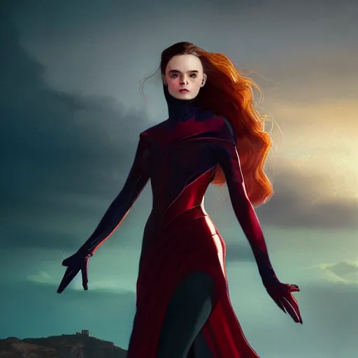 Image similar to portrait of modern darna, elle fanning in santorini as scarlett witch in prey, intricate, elegant, dark vibes, highly detailed, digital painting, artstation, glamor pose, concept art, smooth, sharp focus, illustration, art by wlop, mars ravelo and greg rutkowski