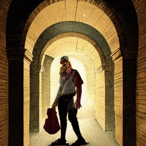 Image similar to adventurers caught in a trap, brick hallway, arched ceiling, chiaroscuro, full color, high detail, digital illustration