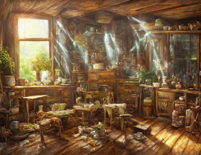 Prompt: expressive rustic oil painting, interior view of a cluttered herbalist cottage, waxy candles, wood furnishings, herbs hanging, wood chair, light bloom, dust, ambient occlusion, morning, rays of light coming through windows, dim lighting, brush strokes oil painting