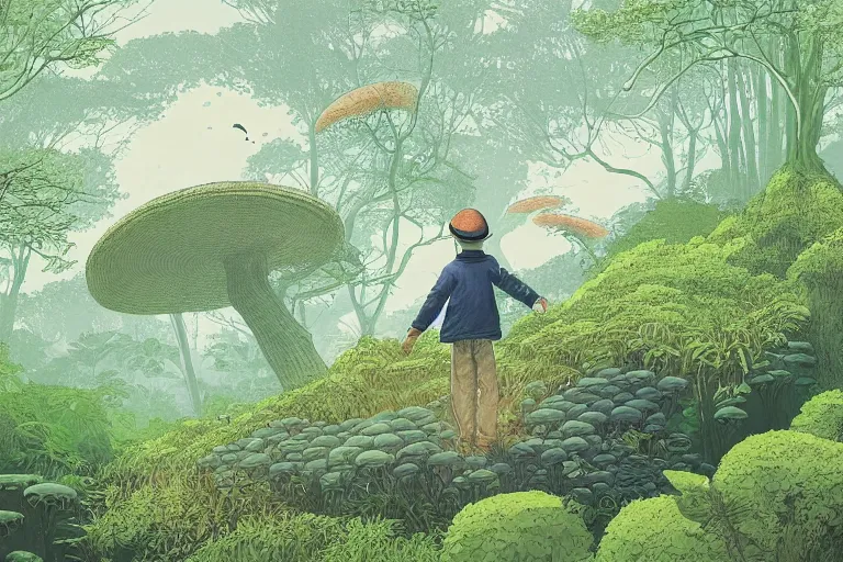 Prompt: down view of a young boy with a hat on a large open path entering a vast fantasy forest with a distant clearing, giant mushrooms, large white paradise birds and fireflies flying, exotic vegetation, large rocks with thick moss, huge suspended wooden bridge, very graphic illustration by moebius and victo ngai, color comics style, dynamic lighting, early morning mood