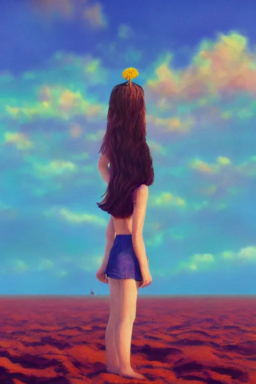 Image similar to closeup huge dahlia flower head, girl standing on beach, surreal photography, blue sky, sunrise, dramatic light, impressionist painting, digital painting, artstation, simon stalenhag