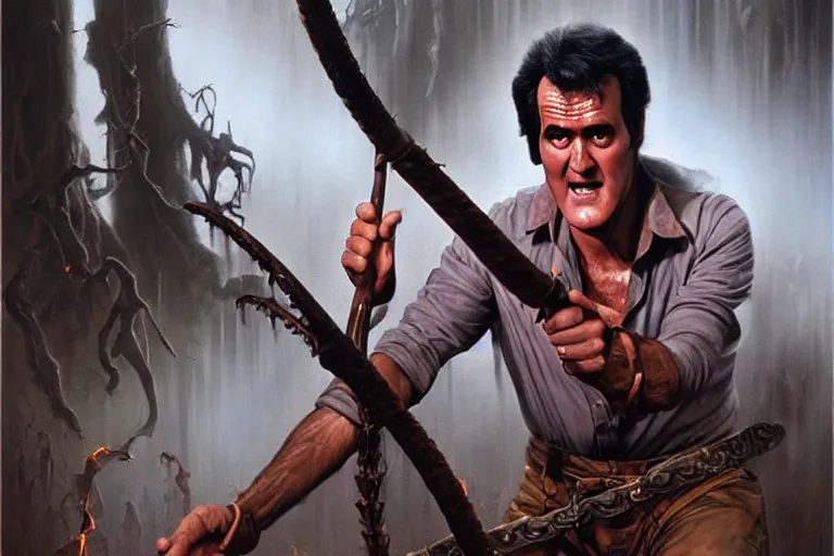 Image similar to portrait of young bruce campbell from evil dead as indiana jones in the temple of doom ( 1 9 8 4 ). oil painting elegant, highly detailed, centered, digital painting, artstation, concept art, smooth, sharp focus, illustration, artgerm, tomasz alen kopera, peter mohrbacher, donato giancola, joseph christian leyendecker drew struzan