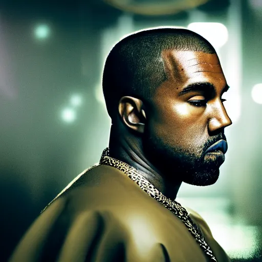 Prompt: Portrait of Kanye West as a king. splash art, cinematic lighting, dramatic, octane render, long lens, shallow depth of field, bokeh, anamorphic lens flare, 8k, hyper detailed, 35mm film grain