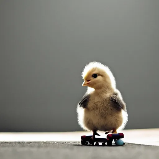 Prompt: a baby chick riding a skateboard