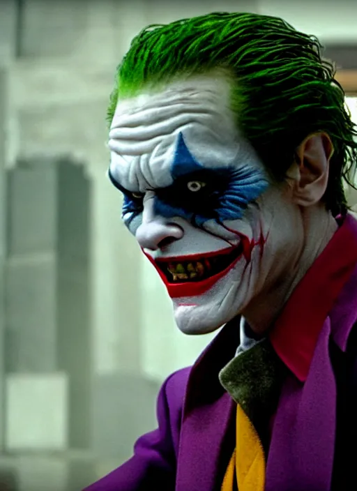 Prompt: film still of Willem Dafoe as The Joker in The Dark Knight, 4k