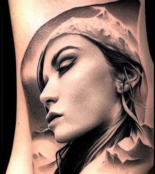 Prompt: blend of a hyper realistic mountain scenery with a beautiful woman face, tattoo design sketch, in the style of matteo pasqualin, hyper - realistic, amazing detail, black and white
