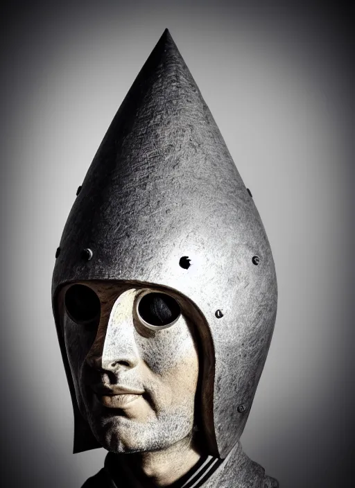 Image similar to realistic photo portrait of a a sculpture of medieval scientist ritual monk cone hat helmet made of wood, with plastic details detailed, electricity laser beam aura, sci - fi, greyscale 1 9 9 0, life magazine photo, natural colors,